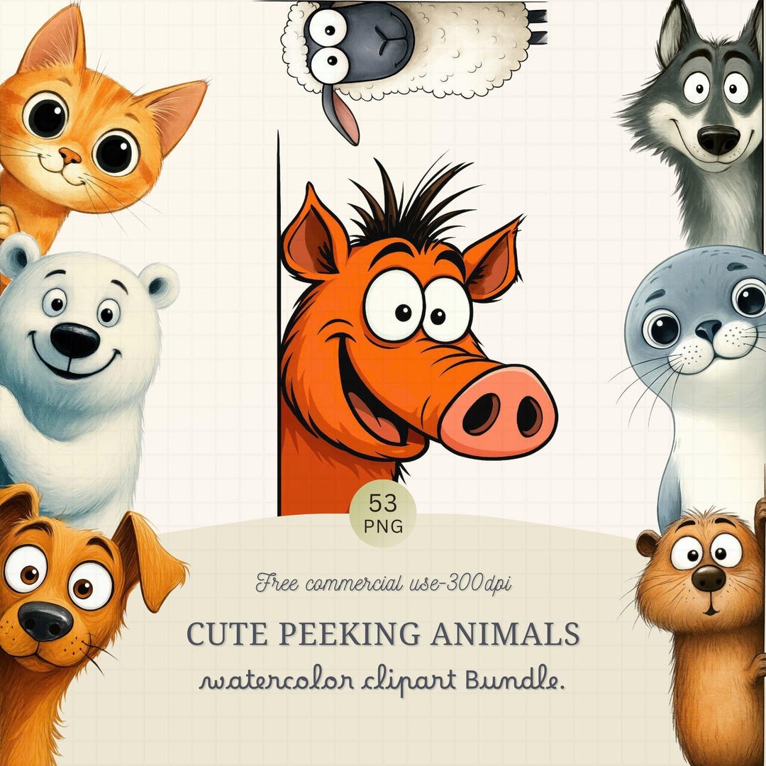 53+ Cute Peeking Animals PNG Bundle | Quirky Watercolor Animal Clipart ...