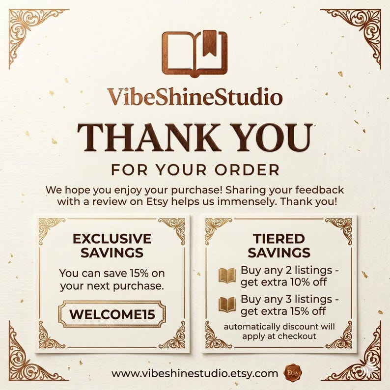 Puede incluir: Gr&aacute;fico marr&oacute;n y beige con el texto &laquo;GRACIAS POR SU PEDIDO&raquo; y &laquo;VibeShineStudio&raquo; en la parte superior. La imagen incluye detalles sobre ahorros exclusivos y por niveles, con un c&oacute;digo de descuento &laquo;WELCOME15&raquo;. El logotipo de Etsy es visible.