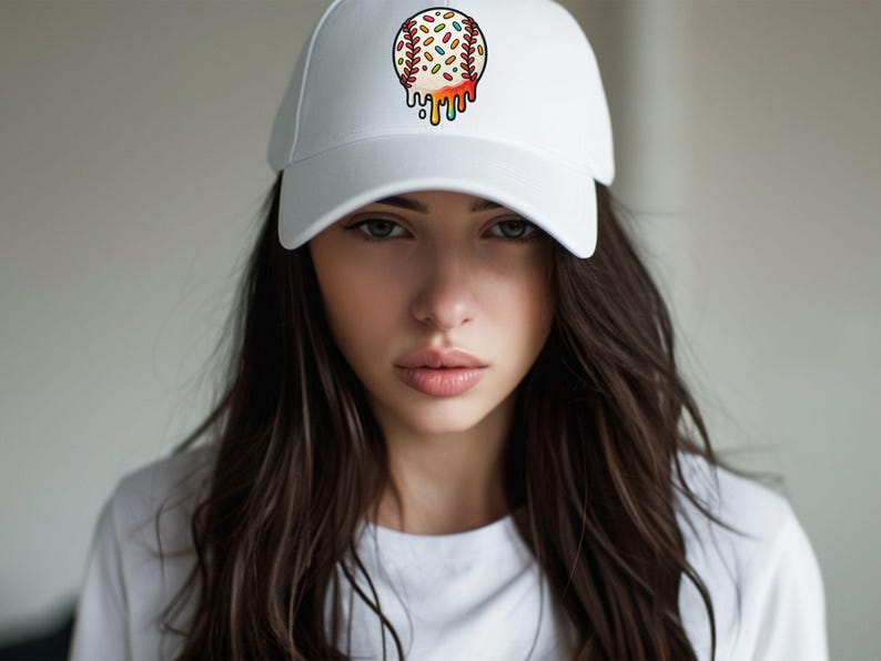 May include: A white baseball cap with a colorful, dripping baseball design on the front. The baseball is decorated with sprinkles and has a dripping effect of colorful icing.