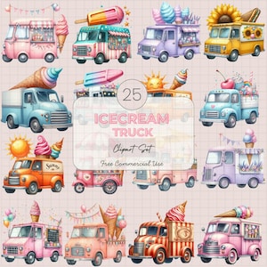 Clipart ijsvrachtwagen | 25 IJskar, png | Clipart verjaardagsfeestje aquarel | Leuke foodtruck voor kinderen | Zomerfeestdecoraties.