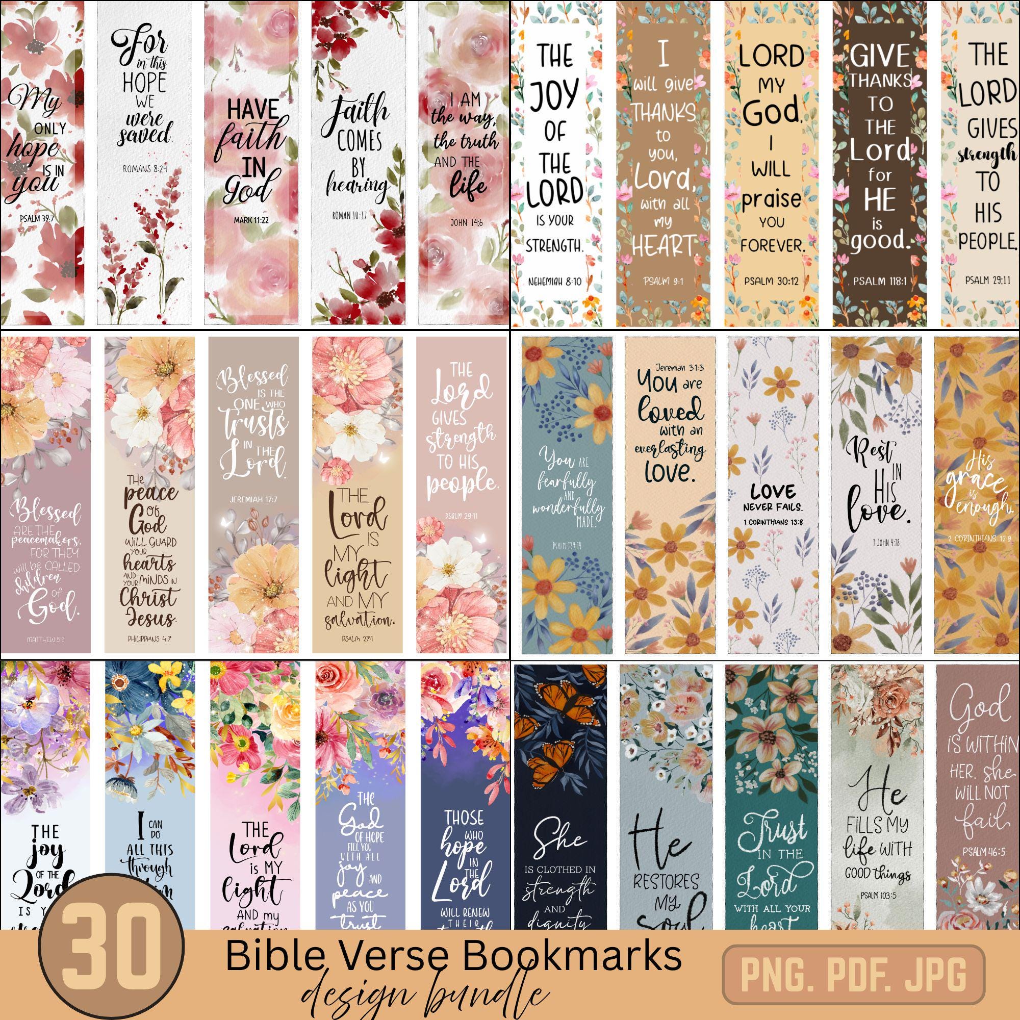 30 Bible Verse Bookmark Bundle, Christian, Scripture Printable Gift PNG ...