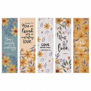 May include: Set of five floral bookmarks with inspirational quotes. Each bookmark features a different design with yellow flowers, green leaves, and various phrases like "You are loved" and "Rest in His love."