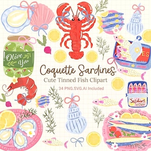 Coquette Sardine Clipart Bundle, Cute Tinned Fish PNG Designs, Preppy Coastal Summer Graphics for Shirts and Merch imagen 1