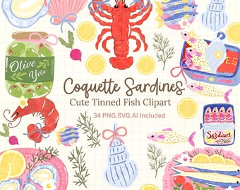 Coquette Sardine Clipart Bundle, Cute Tinned Fish PNG Designs, Preppy Coastal Summer Graphics for Shirts and Merch