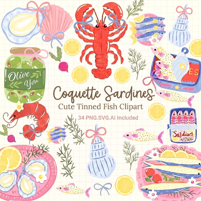 Coquette Sardine Clipart Bundle, Cute Tinned Fish PNG Designs, Preppy Coastal Summer Graphics for Shirts and Merch imagen 1