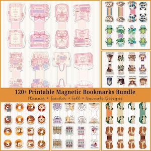 May include: A collection of printable magnetic bookmarks featuring diverse designs including pink book-themed illustrations, cute animals, cacti, owls, and seasonal autumn motifs. The set includes various shapes and patterns with text elements.