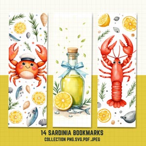 May include: Set of three watercolor bookmarks featuring marine life and citrus elements. One bookmark shows a crab in a sailor hat, another a bottle of oil, and the last a lobster. The bookmarks include lemons, fish, and shells. The text "14 Sardinia Bookmarks" is at the bottom.