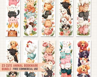 Kawaii Animal Bookmarks PNG Bundle: Cat, Dog, Bunny, Digital Download