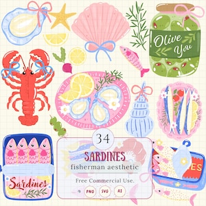 34 Sardines Clipart Set | Fisherman Aesthetic PNG | Cute Tinned Fish SVG | Nautical Bow Clipart | Coastal Summer Graphics | Commercial Use.