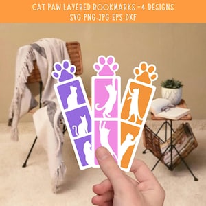 Layered Cat Paw Bookmark SVG,  3D Paper Cut Silhouette Bookmark, Paw Topper Cat Bundle Cricut, Printable Png Eps Dxf Download.