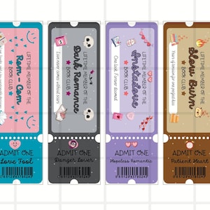 May include: Four colorful bookmarks with the text "Rom-Com", "Dark Romance", "Instalove", and "Slow Burn". Each bookmark has a unique design with illustrations and the words "ADMIT ONE".