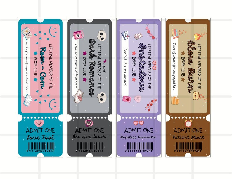 May include: Four colorful bookmarks with the text "Rom-Com", "Dark Romance", "Instalove", and "Slow Burn". Each bookmark has a unique design with illustrations and the words "ADMIT ONE".