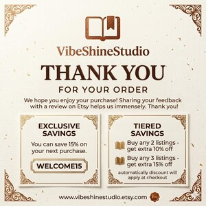 May include: A tan and brown graphic with the text "THANK YOU FOR YOUR ORDER" and "VibeShineStudio" at the top. The image includes details about exclusive and tiered savings, with a discount code "WELCOME15". The Etsy logo is visible.