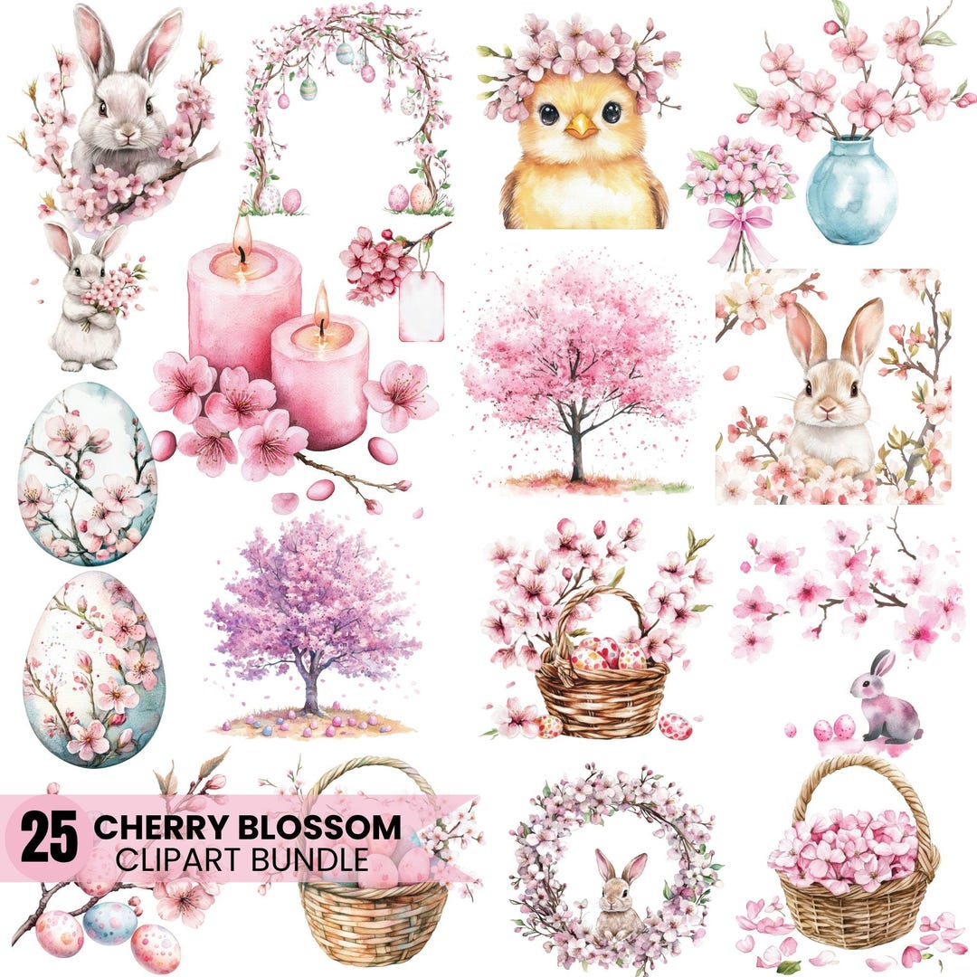 25 Cherry Blossom Clipart Bundle | Easter Bunny PNG | Watercolor Sakura ...