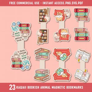May include: A set of 23 kawaii magnetic bookmarks with book stacks, animals, and coffee cups. The bookmarks are on a light pink background and feature text like "Good Coffee = Good Life".