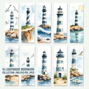 May include: A collection of 16 lighthouse bookmarks. Each bookmark features a watercolor illustration of a lighthouse with blue and white stripes, set against a coastal backdrop with seagulls and ocean waves. The text "16 LIGHTHOUSE BOOKMARK COLLECTION" is visible.