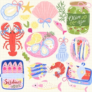 Puede incluir: Ilustraci&oacute;n caprichosa con varios productos del mar. Incluye una langosta roja, ostras, sardinas, camarones, peces, aceitunas en un tarro con el texto "Olive You" y una concha. La paleta de colores es suave, con rosas, azules y amarillos.