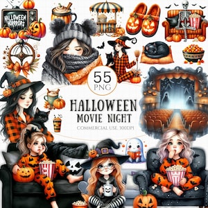 Cozy Halloween Movie Night Clipart Bundle: 55 Watercolor PNG Graphics (Commercial Use)