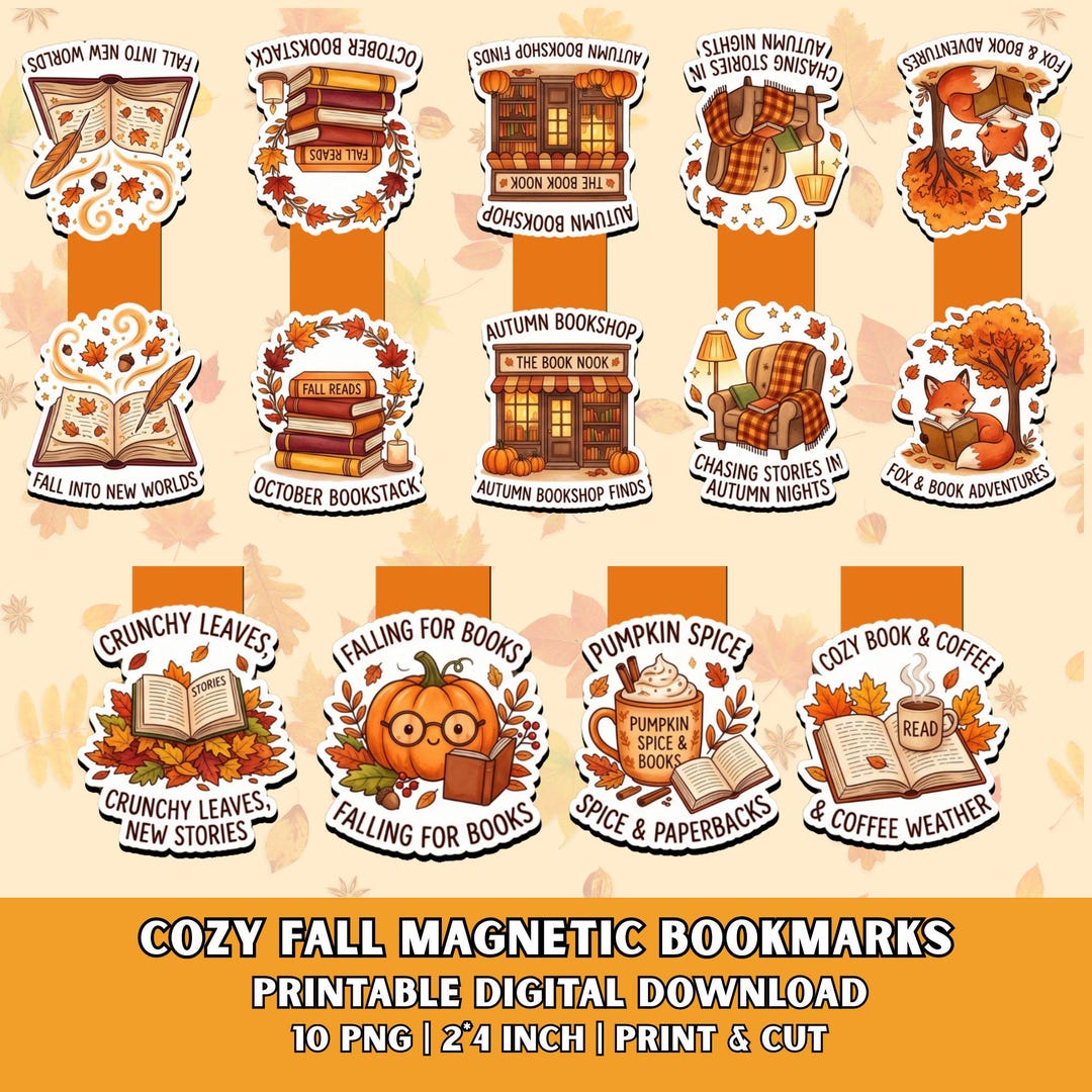 Cozy Fall Magnetic Bookmark PNG Set of 10, Fall Bookish Gift, Autumn ...