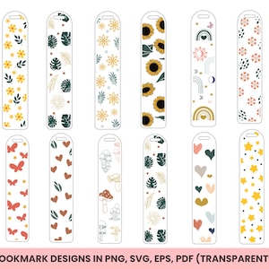 Op de afbeelding: Set van 18 printbare bladwijzerontwerpen met verschillende patronen, waaronder bloemen, geometrische en abstracte ontwerpen. De bladwijzers zijn in een verticaal formaat en hebben een witte achtergrond.