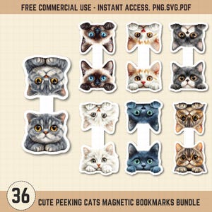 May include: A collection of 36 cute peeking cat magnetic bookmarks. Each bookmark features a different cat face with various colors and patterns. The text "CUTE PEEKING CATS MAGNETIC BOOKMARKS BUNDLE" is at the bottom, with "36" in a circle.