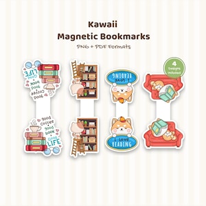 Puede incluir: Cuatro marcapáginas magnéticos con ilustraciones de libros, café, gatos en escaleras, perros Shiba Inu y sofás rojos. El texto incluye Kawaii Magnetic Bookmarks, PNG + PDF Formats, 4 Designs Included, Good Life, Good Book, Good Coffee e I Love Reading.