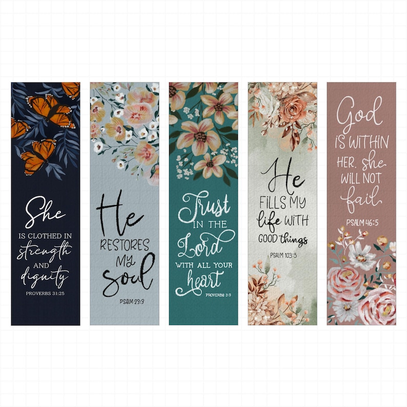 May include: Set of five rectangular bookmarks with floral designs and inspirational quotes. The bookmarks feature various color schemes, including navy, teal, and brown, with text such as "She is clothed in strength and dignity" and "Trust in the Lord."