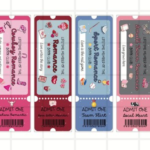 May include: Four colorful bookmark designs with ticket-like appearances. Each features a different theme: Cowboy Romance, Romance, Sport Romance, and Small Town Romance. The bookmarks include text such as "Lifetime Member of the Book Club" and "Admit One."