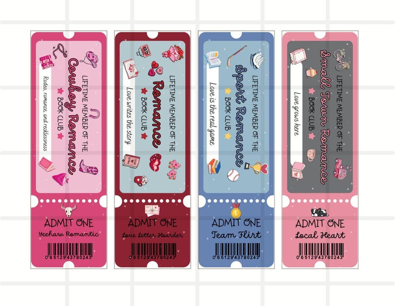 May include: Four colorful bookmark designs with ticket-like appearances. Each features a different theme: Cowboy Romance, Romance, Sport Romance, and Small Town Romance. The bookmarks include text such as "Lifetime Member of the Book Club" and "Admit One."