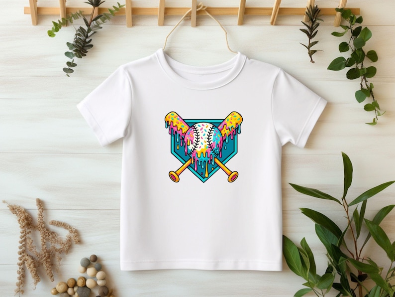 May include: White t-shirt with a graphic of a baseball, two bats, and a home plate. The baseball, bats, and home plate are covered in colorful sprinkles and dripping with pink, blue, and yellow icing.