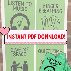 May include: A set of Talkies communication cards featuring light green rectangular panels with black text and icons. The cards display phrases like Listen to Music, Finger Breathing, Give Me Space, and Quiet Time. Includes a PDF download label.