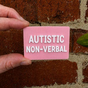 May include: A rectangular pink sign with white raised lettering that reads AUTISTIC NON-VERBAL. The sign has a smooth, matte finish and features bold, sans-serif text centered on the surface, providing a clear and legible message for communication.