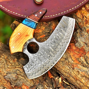 Cuchillo Ulu de Damasco hecho a mano personalizado, cuchillo de cocina vintage de Alaska, cuchillo de chef viene con funda de cuero genuino