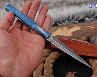 Ręcznie robiony nóż ze stali damasceńskiej, skórzana pochwa, nóż myśliwski Bushcraft