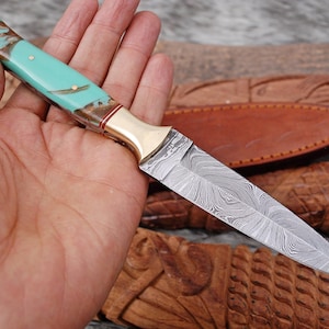 Hand Forged Damascus Steel Throwing Boot Knife & Risen With Brass Handle Gift For Him Comes WIth Genuine Leather Sheath
