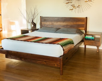 Classic Modern Bed with Storage and Attached Night Stands (Danish Mid Century Modern Style Bed)