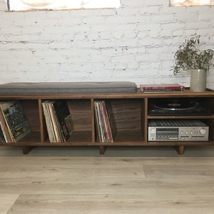 HIFI Vinyl Storage Bench with Component Shelf (with Mid Century Modern Stylings)