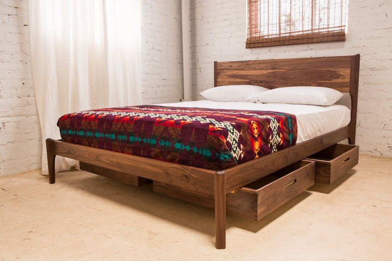 Handcrafted Walnut Bed Frame with Storage Drawers, Mid-Century Modern Style