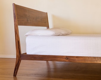 Mid Century Modern Walnut Bed Frame with Angled Headboard