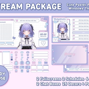 May include: A purple and blue themed Twitch stream package with a cute anime girl character. The package includes two full screens, two schedules, six boxes, two chat boxes, and 25 decors and panels.
