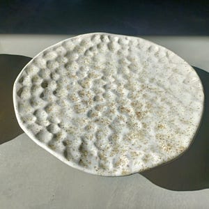 Könnte beinhalten: Zwei weiße Keramikplatten mit einer strukturierten, gewellten Oberfläche und gesprenkelten braunen Akzenten. Die Platten haben eine organische, unregelmäßige Form, die auf handwerkliche Qualität hindeutet. Die Platten sind wahrscheinlich zum Servieren von Speisen gedacht.