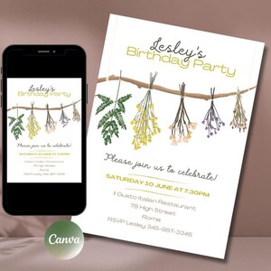 Printable birthday party invitation template, Contemporary birthday party invite, Birthday dinner template, Modern birthday flowers invite
