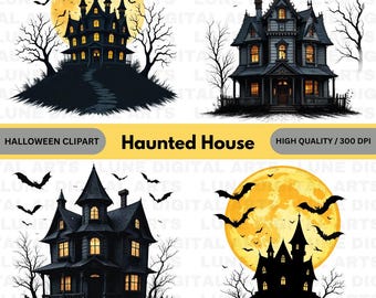 Haunted House Halloween PNG Bundle | Spooky Mansion Clipart | Full Moon & Bats | Gothic House PNG | Halloween Sublimation | 4 High-Res PNGs