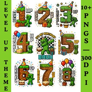 Pode incluir: Uma coleção de designs digitais com os números de 1 a 8, cada um estilizado como um gráfico de aniversário com tema Minecraft. Cada número inclui um personagem Creeper, um chapéu de festa e um bolo de aniversário. A frase "Level Up" também está incluída.