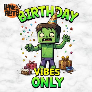 Könnte beinhalten: Cartoon-Illustration mit einem grünen Zombie, der einen Partyhut trägt, und den Worten "BIRTHDAY" und "VIBES ONLY". Der Zombie ist von Konfetti und Geschenkboxen umgeben, das Lune Arts Logo befindet sich oben links.