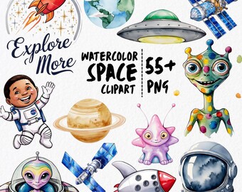 Watercolor Space Clipart Bundle | 60 PNG Elements | Galaxy Planets, Astronauts, Stars, Space PNGs | Instant Download