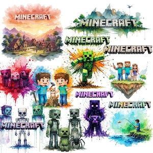 Mine Aquarell PNG Bündel | 26 Digitale Gamer Clipart | Mine Charaktere und Logo Splash Art | Sublimationsdruck PNG für Jungen & Mädchen