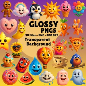Paquete de 30 PNG brillantes: imágenes prediseñadas de dibujos animados con fondo transparente, alta resolución, sublimación kawaii y manualidades DIY