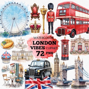 72 aquarel London Vibes clipart png, Big Ben illustratie, Buckingham Palace Art, London Eye png, illustratie British Crown