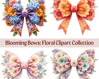 Floral Bow PNG Bundle | Watercolor Flower Clipart Bows | Spring Pastel Sublimation PNG | Vintage Flower Bows for Shirts, Mugs, Cards